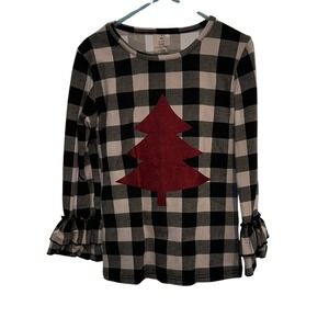 Kids Black White Buffalo Plaid Christmas Tree Ruffle Sleeve Top Pants Outfit Set